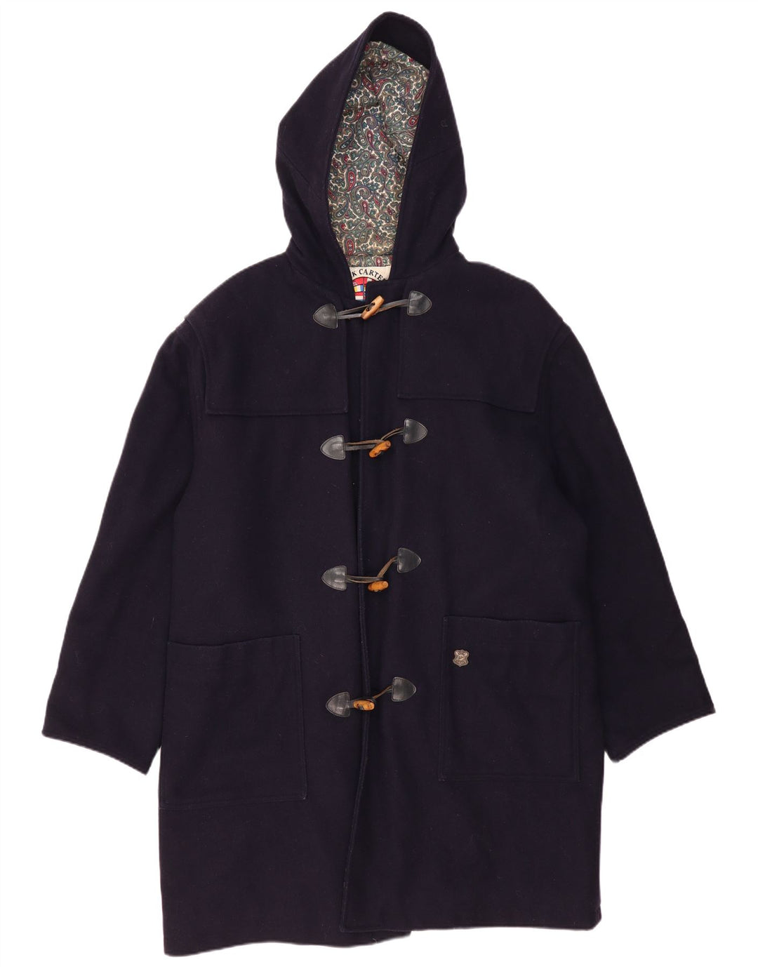 Vintage Herren Dufflecoat mit Kapuze, lockere Passform, Größe 48, mittelmarineblaue Wolle
