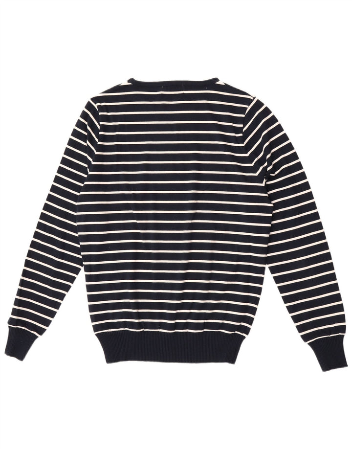 Zara Herren-Pullover mit Rundhalsausschnitt, mittlere marineblaue gestreifte Baumwolle