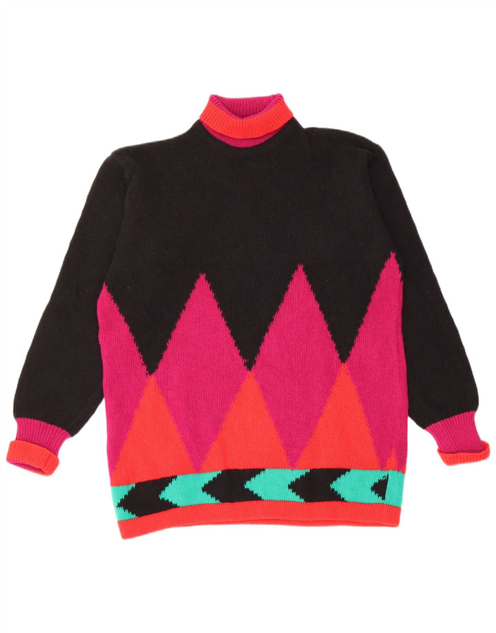 Vintage Damen Rollkragenpullover Pullover UK 12 Medium Schwarz Argyle/Diamant