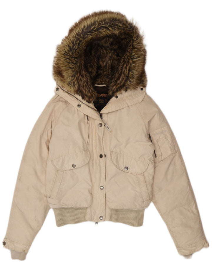 Woolrich Wattierte Damenjacke mit Kapuze, UK 14, mittelweiße Baumwolle