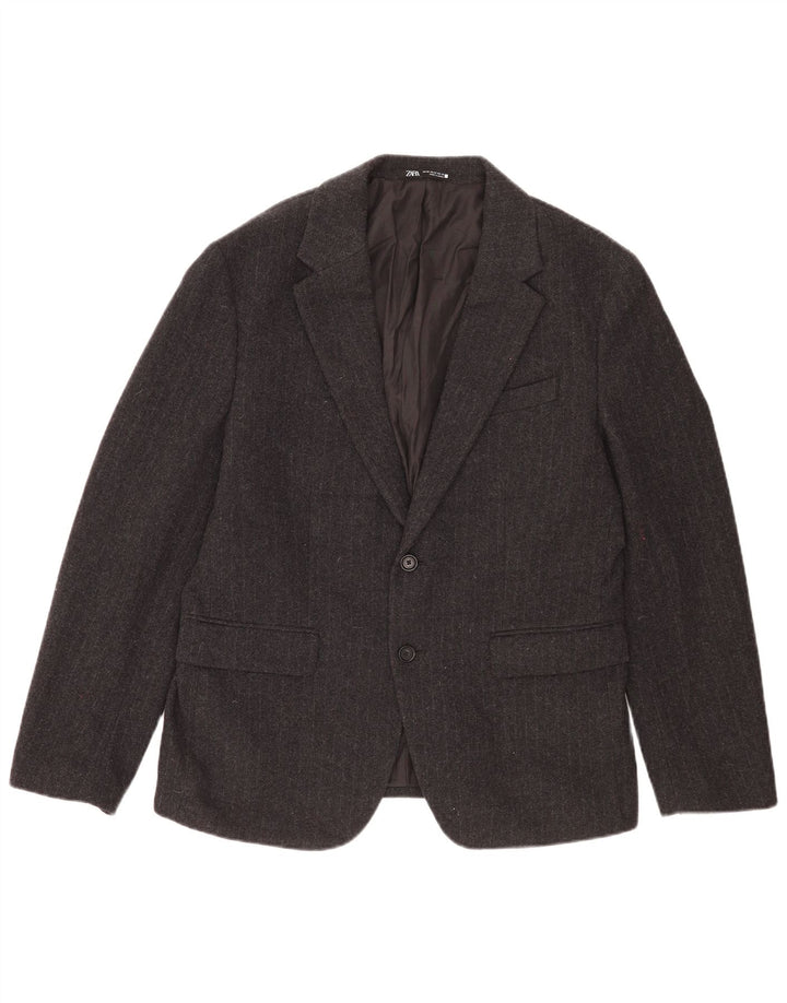 Zara Herren-Blazer mit 2 Knöpfen, EU 52, große grau gestreifte Wolle