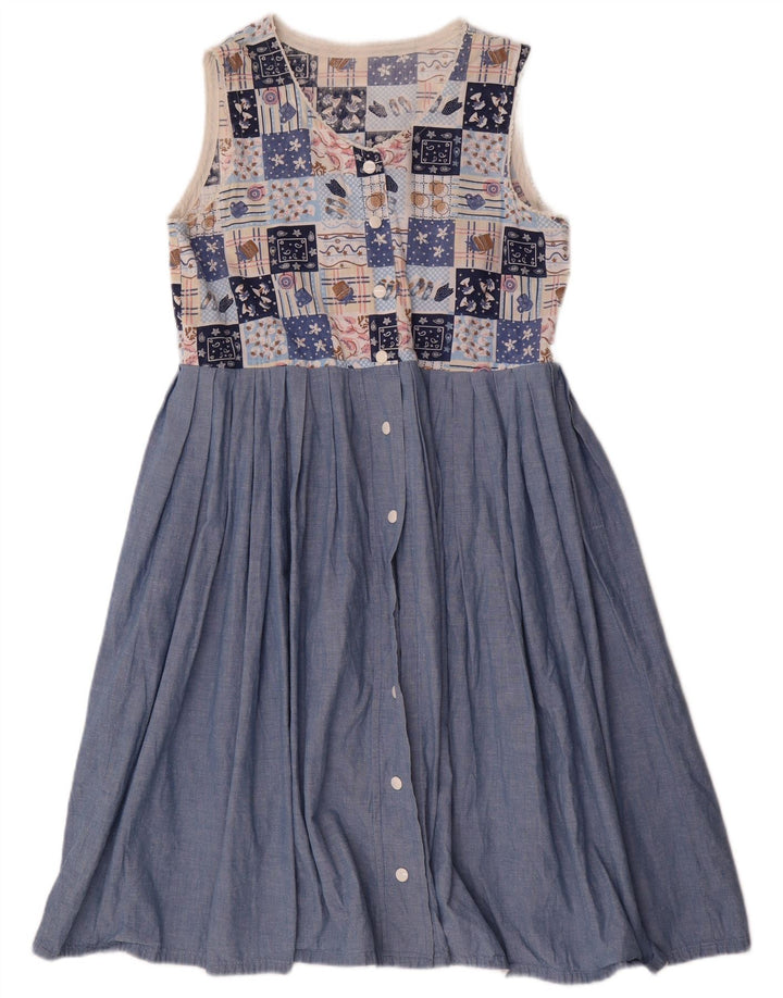 Vintage Damen Ärmelloses A-Linien-Kleid UK 12 Mittelblaues Patchwork
