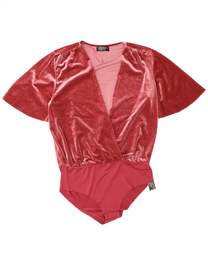 Zara Damen Velours-Bodysuit UK 16 Large Rosa Polyester