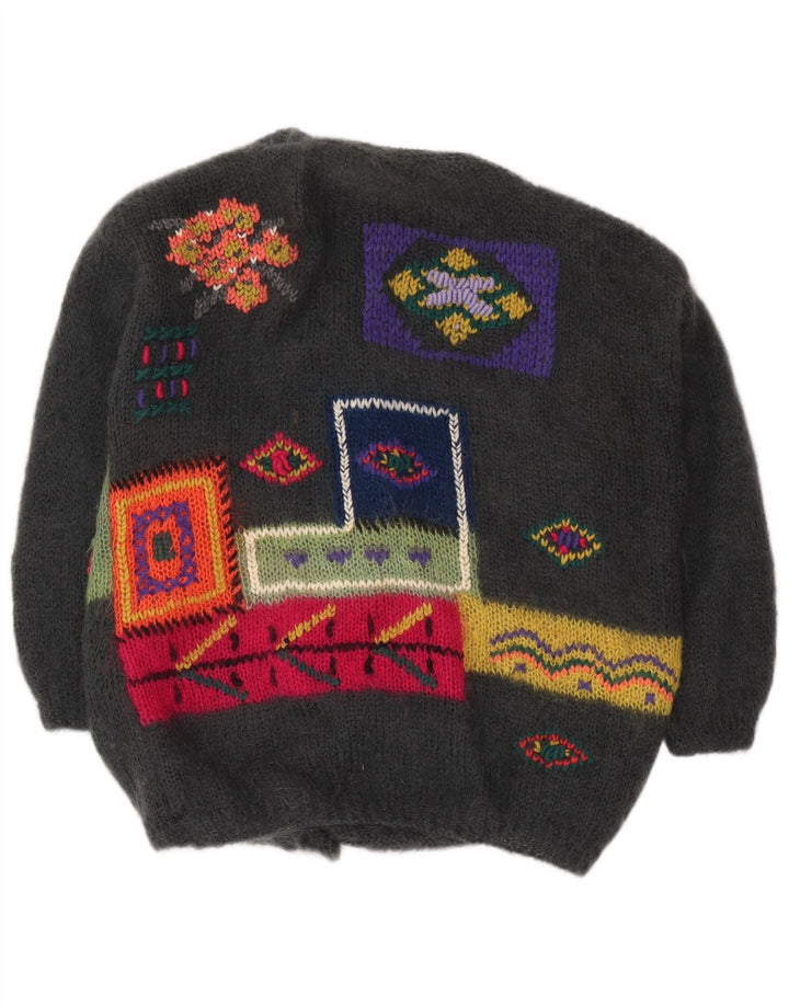 Vintage Damen Grafischer Cardigan Pullover UK 18 XL Grau Patchwork