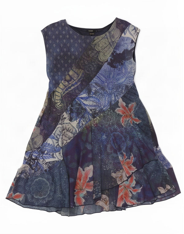 Desigual Damen Durchsichtiges ärmelloses A-Linien-Kleid UK 18 XL Blau geblümt
