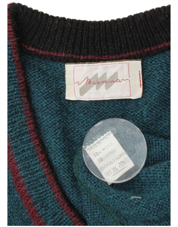 Vintage Herren-Pullover mit V-Ausschnitt, große blaue Colourblock-Wolle