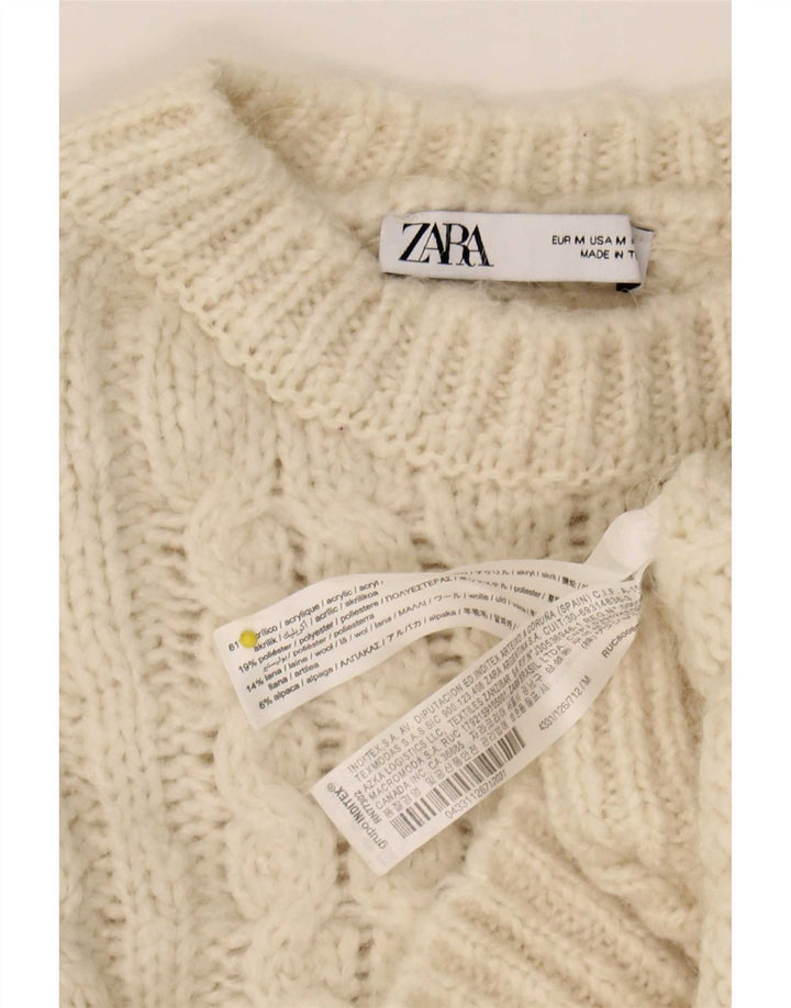 Zara Damen-Pullover, übergroß, Rundhalsausschnitt, Gr. 12, Mittel, gebrochenes Weiß