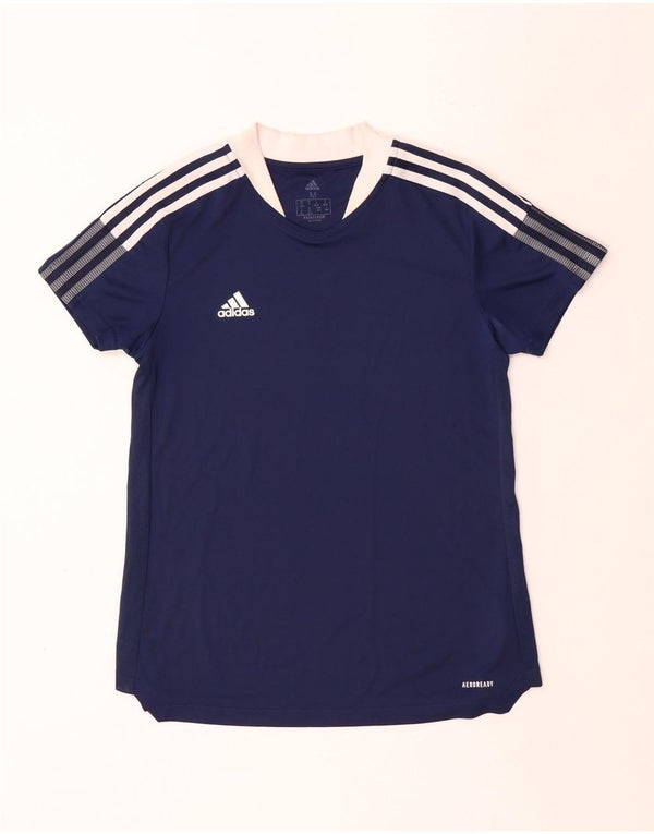 ADIDAS Damen Aeroready T-Shirt Top UK 12/14 Medium Marineblau Polyester