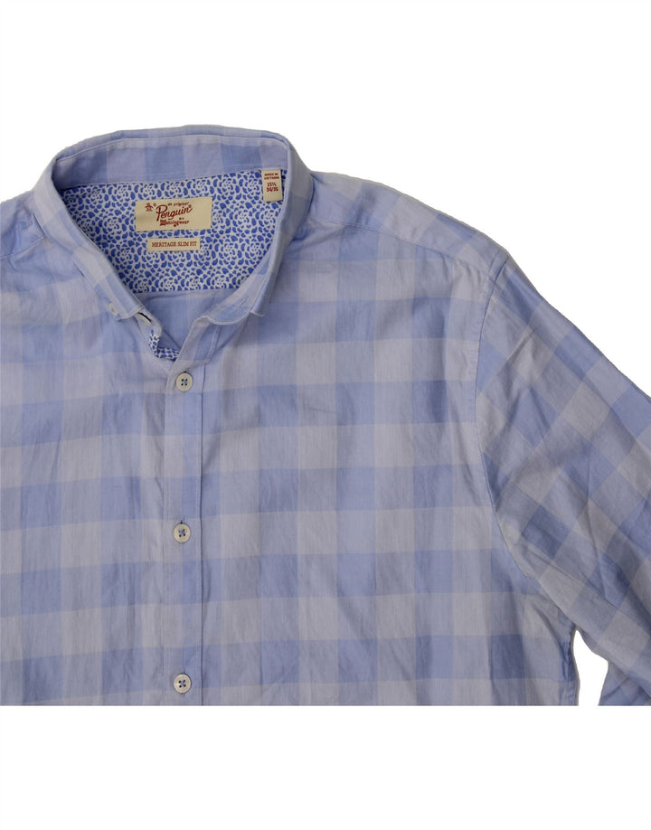 PENGUIN Mens Heritage Slim Fit Shirt Size 15 1/2 Medium Blue Check Cotton Vintage Penguin and Second-Hand Penguin from Messina Hembry 