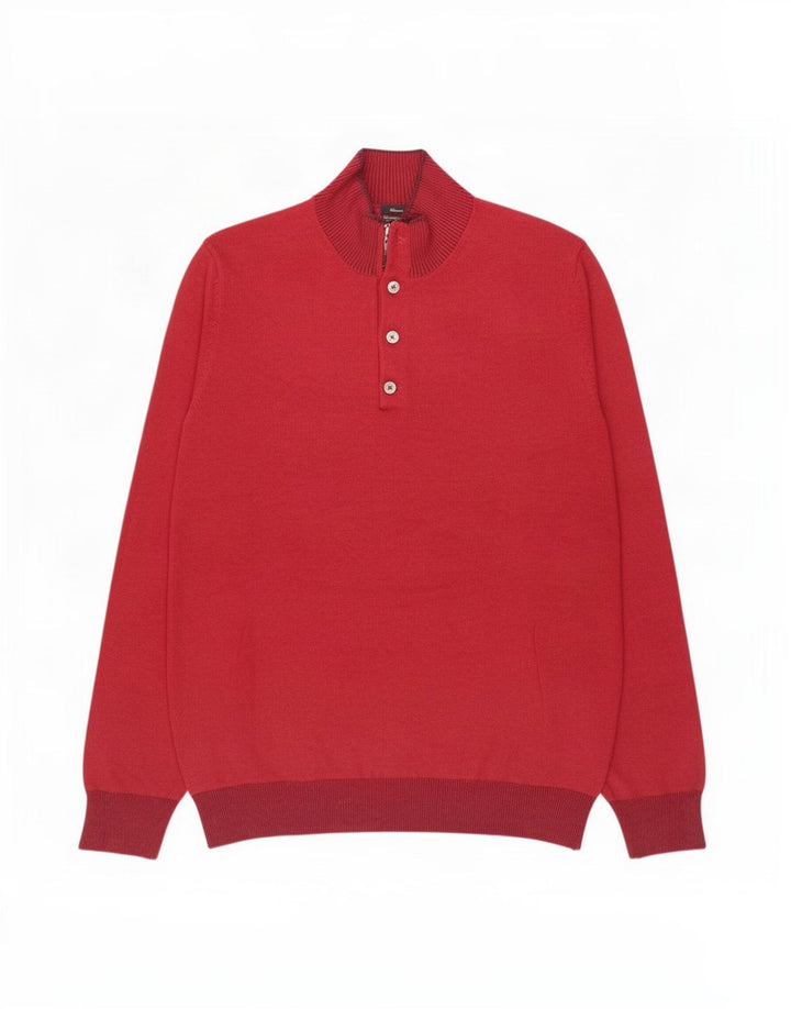 Massimo Dutti Herren-Pullover mit Knopfkragen, XL, Burgunderrot, Baumwolle