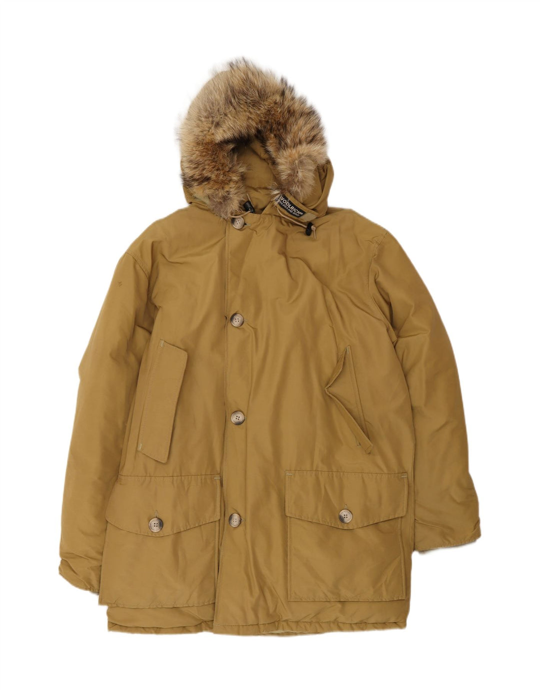 Woolrich Wattierter Herrenmantel mit Kapuze, UK 38, mittelbeige Baumwolle