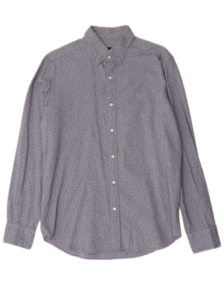 Massimo Dutti Herren-Hemd mit abstraktem Muster, mittelblaue Baumwolle mit Blumenmuster