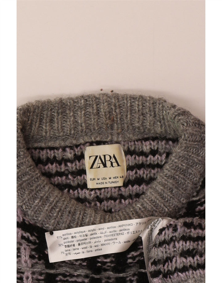 Zara Herren-Pullover mit Rundhalsausschnitt, mittelgraues Karo-Acryl