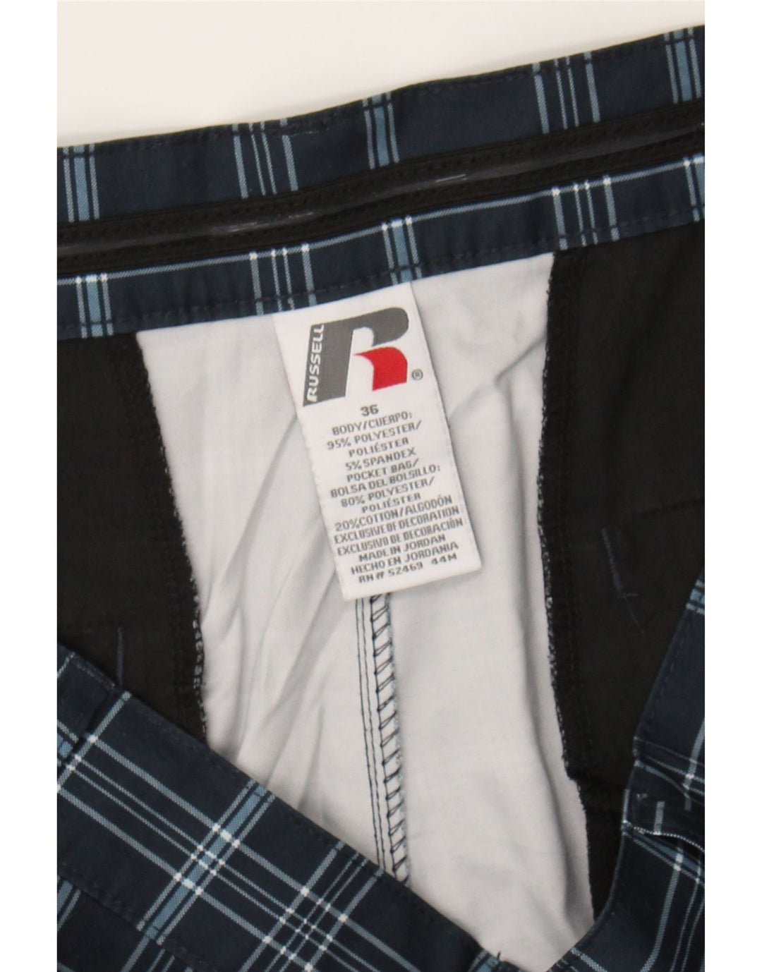 RUSSELL ATHLETIC Mens Chino Shorts W36 Large  Navy Blue Check Polyester Vintage Russell Athletic and Second-Hand Russell Athletic from Messina Hembry 