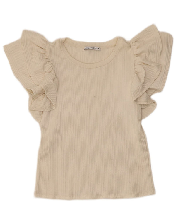 Zara Damen Crop Bluse Top UK 12 Medium Beige