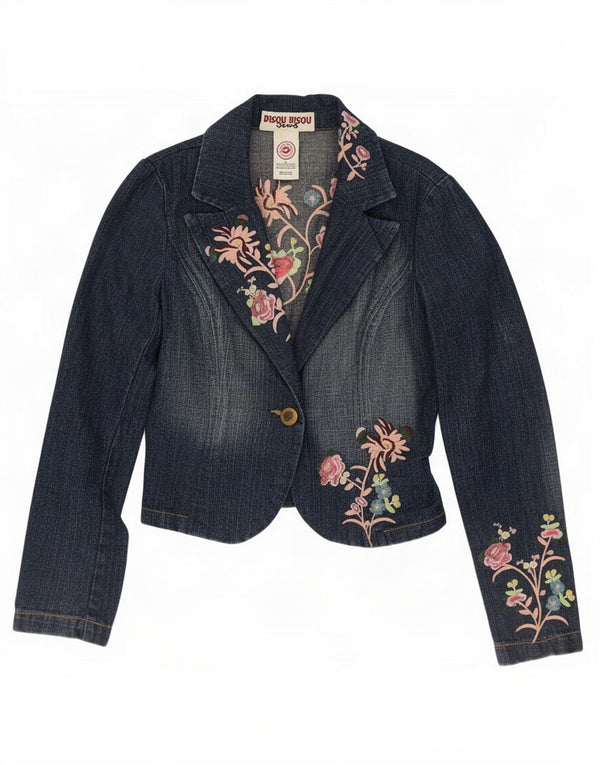 Bisou Womens Crop 1 Button Blazer Jacke UK 10 Small Blue Floral