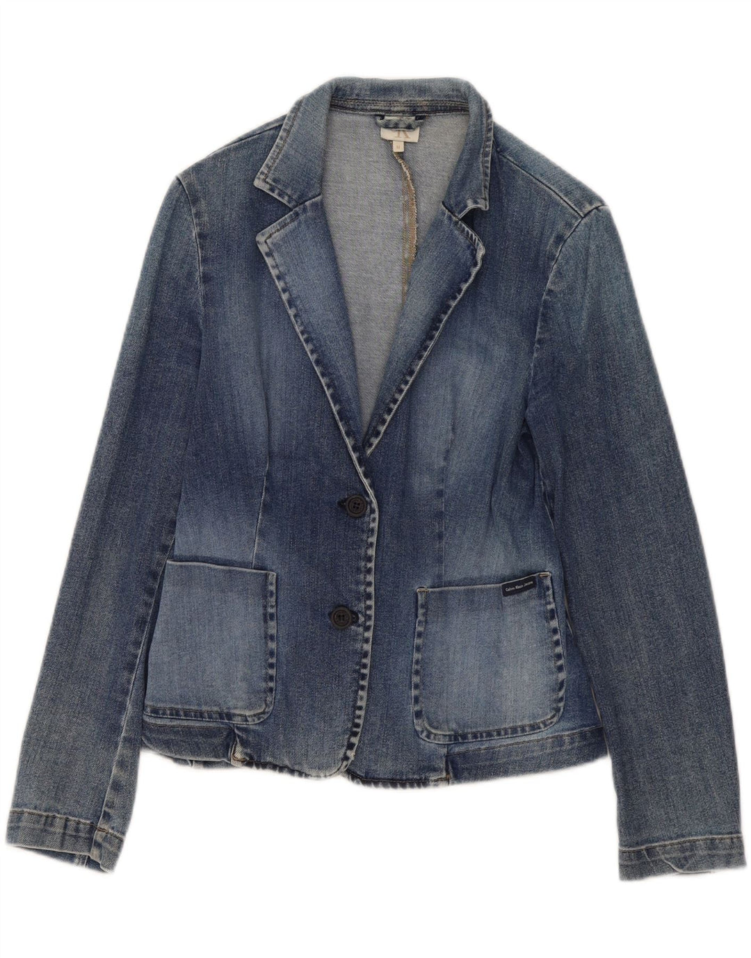 Calvin Klein Damen-Jeans-Blazer mit 2 Knöpfen, UK 12, mittelblaue Baumwolle