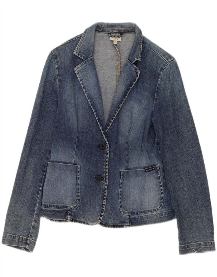 Calvin Klein Damen-Jeans-Blazer mit 2 Knöpfen, UK 12, mittelblaue Baumwolle