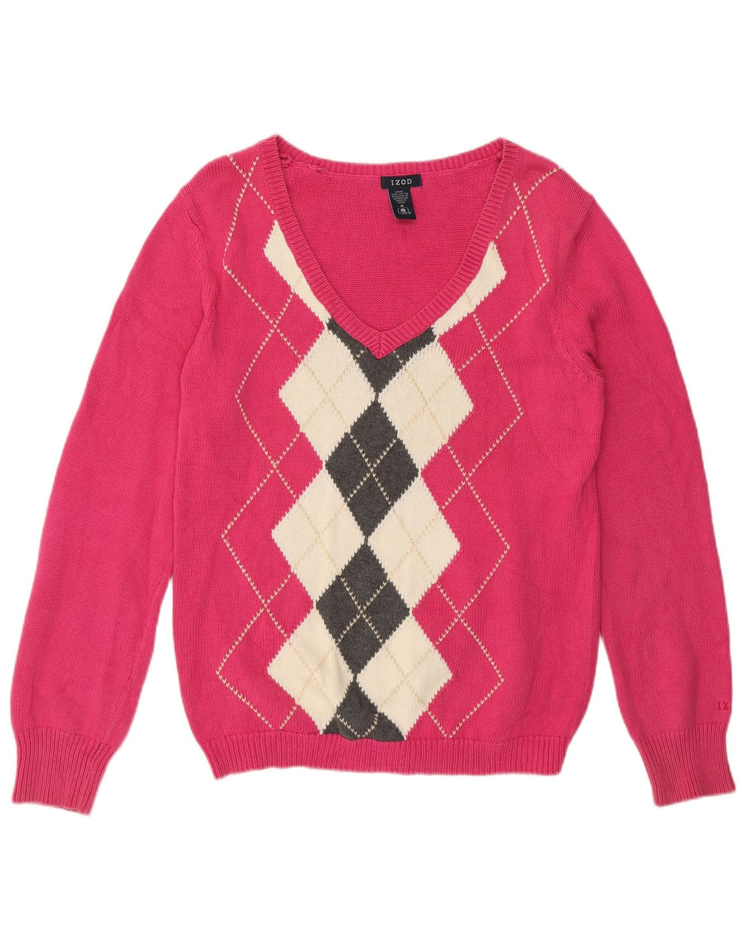Izod Damen-Pullover mit V-Ausschnitt, mittelrosa Argyle/Diamant-Baumwolle