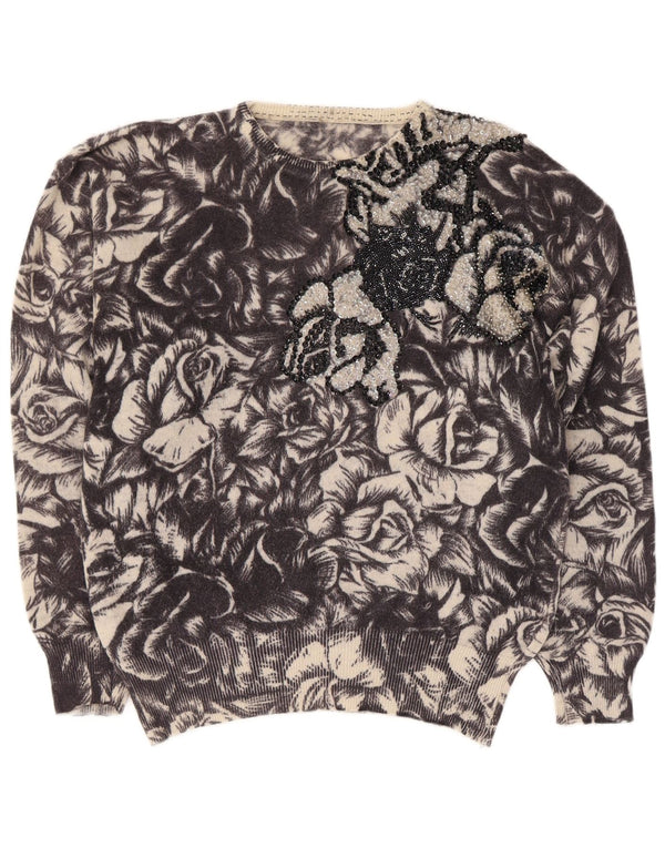 Vintage Damen Pullover mit U-Boot-Ausschnitt, UK 12, Mittelschwarz, geblümt