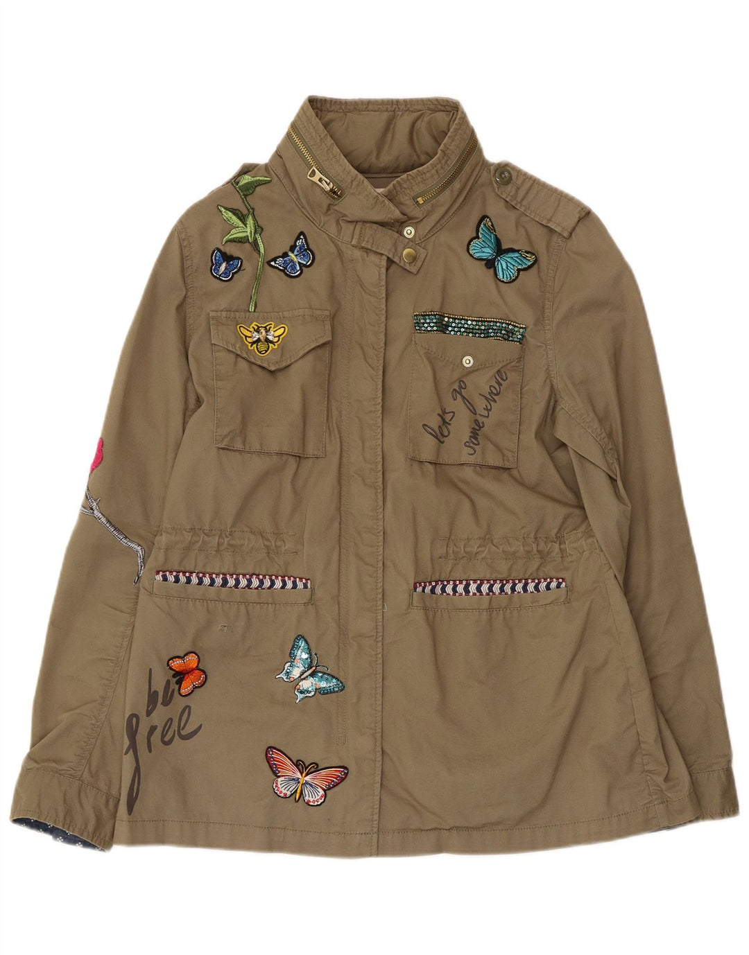 DESIGUAL Grafische Damen-Militärjacke, EU 42, großer Khaki-Baumwoll-Schmetterling