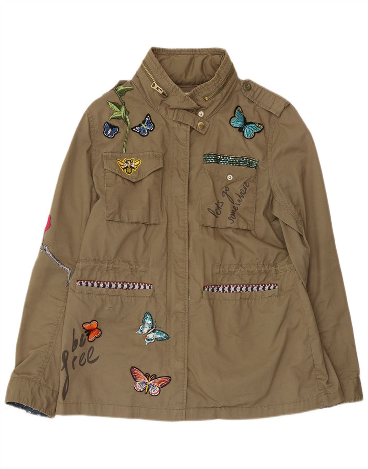 DESIGUAL Grafische Damen-Militärjacke, EU 42, großer Khaki-Baumwoll-Schmetterling