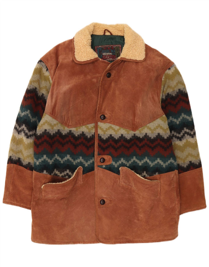 Vintage Herren-Windbreaker-Mantel aus Wildleder, EU 50, großes braunes geometrisches Leder