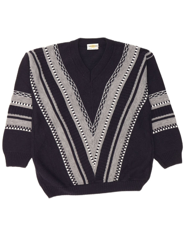 Vintage Mens V-Neck Jumper Sweater Large Navy Blue Striped Polyacrylic