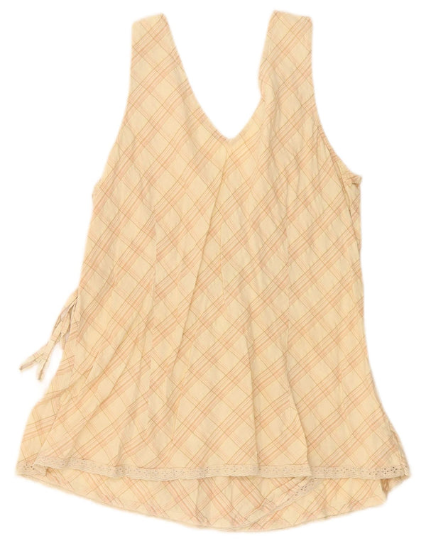 Benetton Ärmelloses Damen-Blusenoberteil, UK-Größe 44, Größe L, beige, karierte Baumwolle