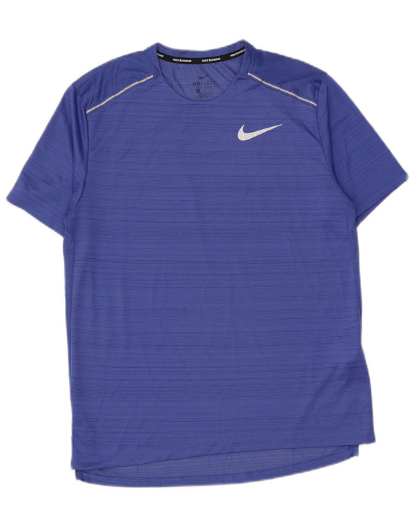 Nike Herren Dri Fit T-Shirt-Oberteil aus mittelblau gestreiftem Polyester