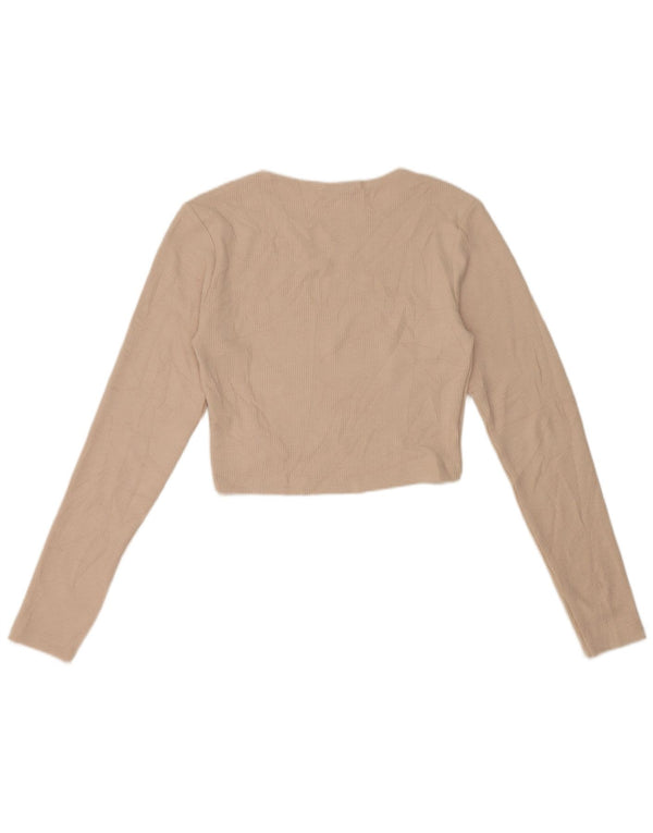 Zara Damen Crop Top Langarm UK 14 Large Beige Polyester