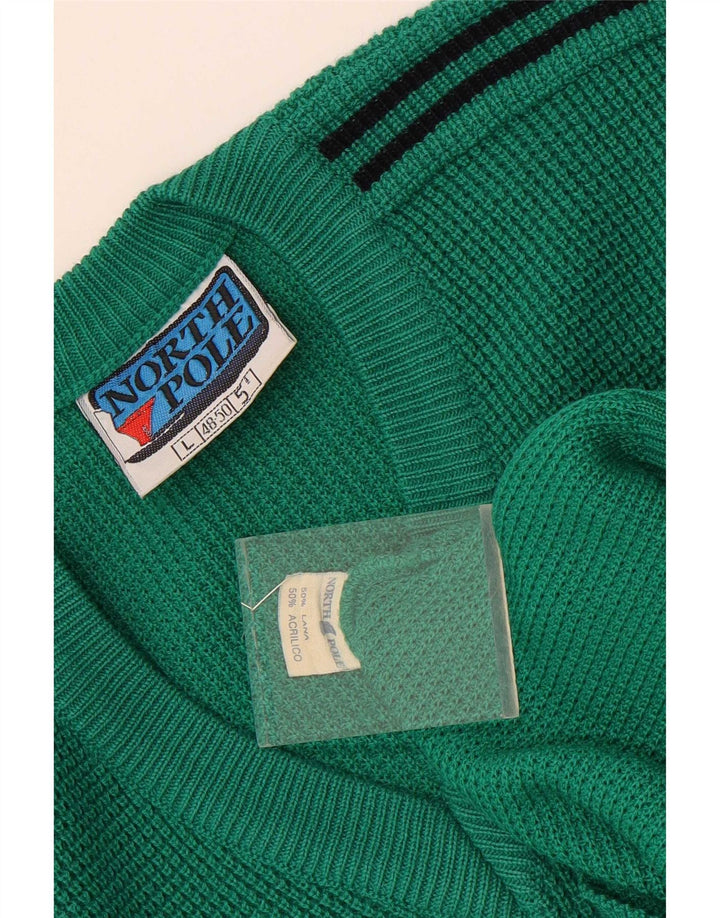 North Pole Herren-Pullover mit V-Ausschnitt, groß, grün gestreift, Wolle