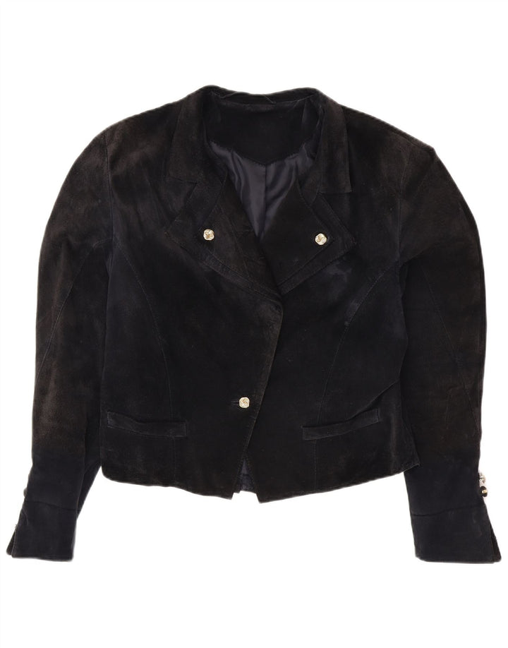 VINTAGE Damen 1-Knopf-Crop-Blazerjacke UK 14 Mittelmarineblaue Viskose