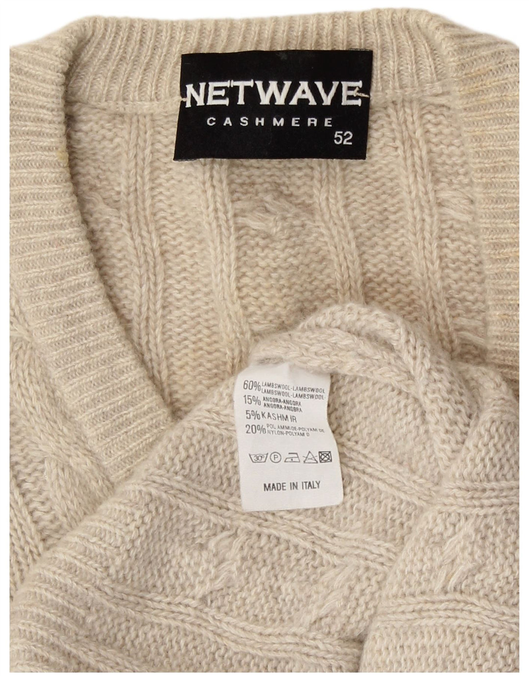 Vintage Herren Pullover mit V-Ausschnitt IT 52 Große cremefarbene Lammwolle