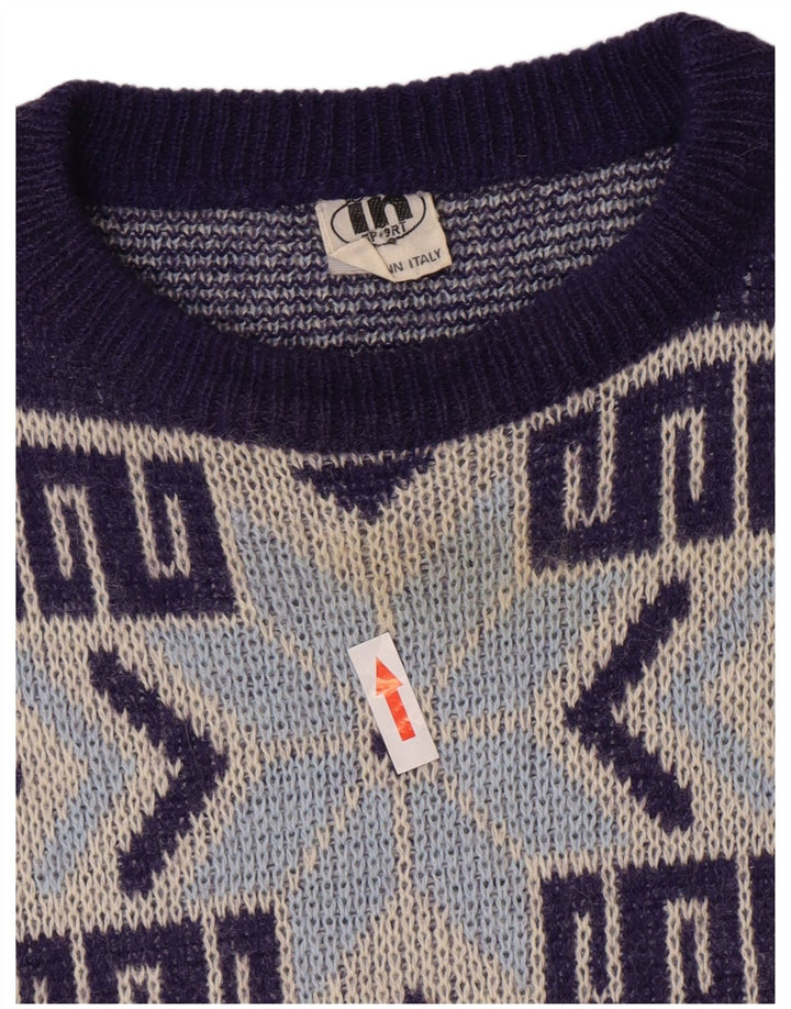 Vintage Herren-Pullover mit Rundhalsausschnitt, mittelgroß, marineblau, geometrisch