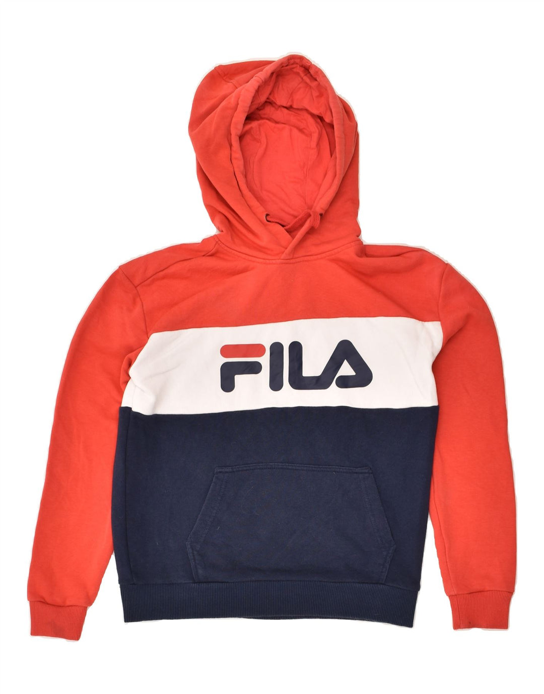 FILA Mens Graphic Hoodie Jumper XS Navy Blue Colourblock Cotton | Vintage Fila | Thrift | Second-Hand Fila | Used Clothing | Messina Hembry 