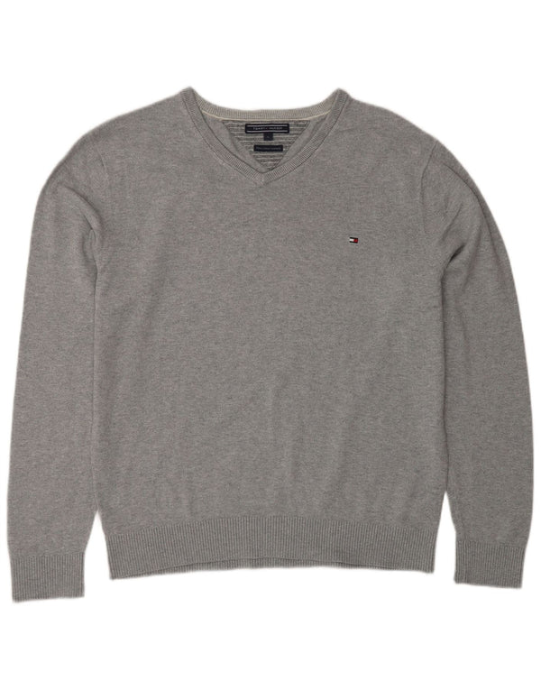 Tommy Hilfiger Herren-Pullover mit V-Ausschnitt, groß, graue Baumwolle
