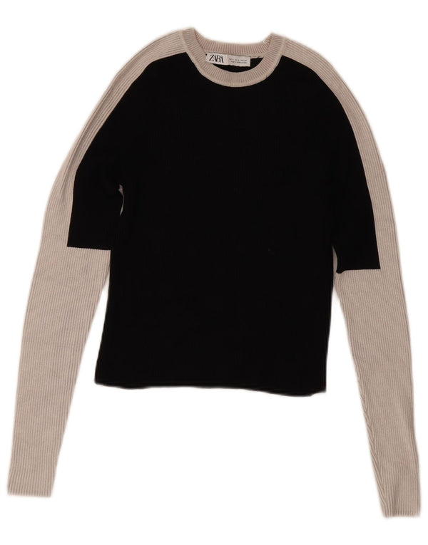 Langärmliges Crop-Blusenoberteil von Zara für Damen, UK 12, Mittelschwarz, Farbblock