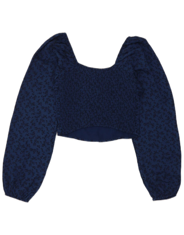 Hollister Damen Crop Top Langarm UK 4 XS Marineblaues Blumenmuster Polyester