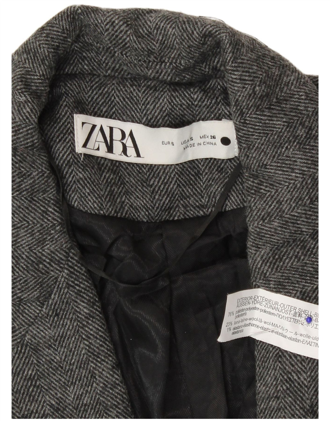 Zara Damen 1-Knopf-Blazerjacke UK 10 Small Graues Fischgrätenmuster aus Polyester