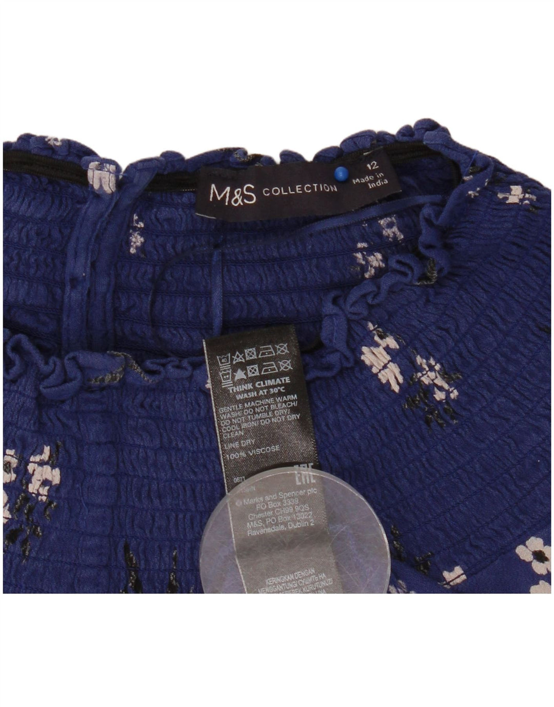 Marks & Spencer Langarm-Blusenoberteil für Damen, UK 12, mittleres Marineblau mit Blumenmuster