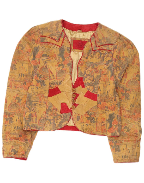 Vintage Damen Trachten 4 Knopf Blazer Jacke EU 36 Small Beige Leder