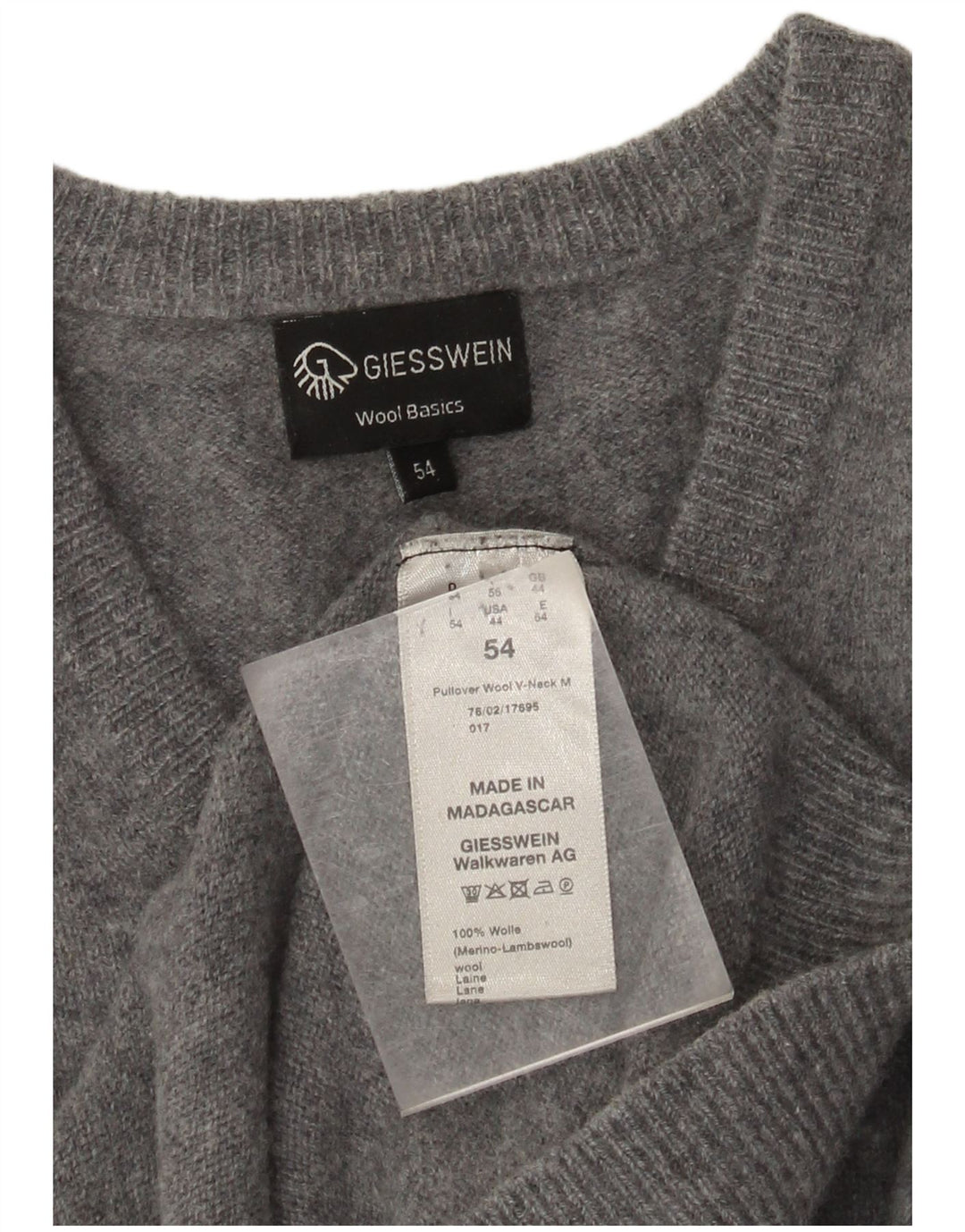 Giesswein Herren-Pullover mit V-Ausschnitt, UK 44, XL, graue Wolle