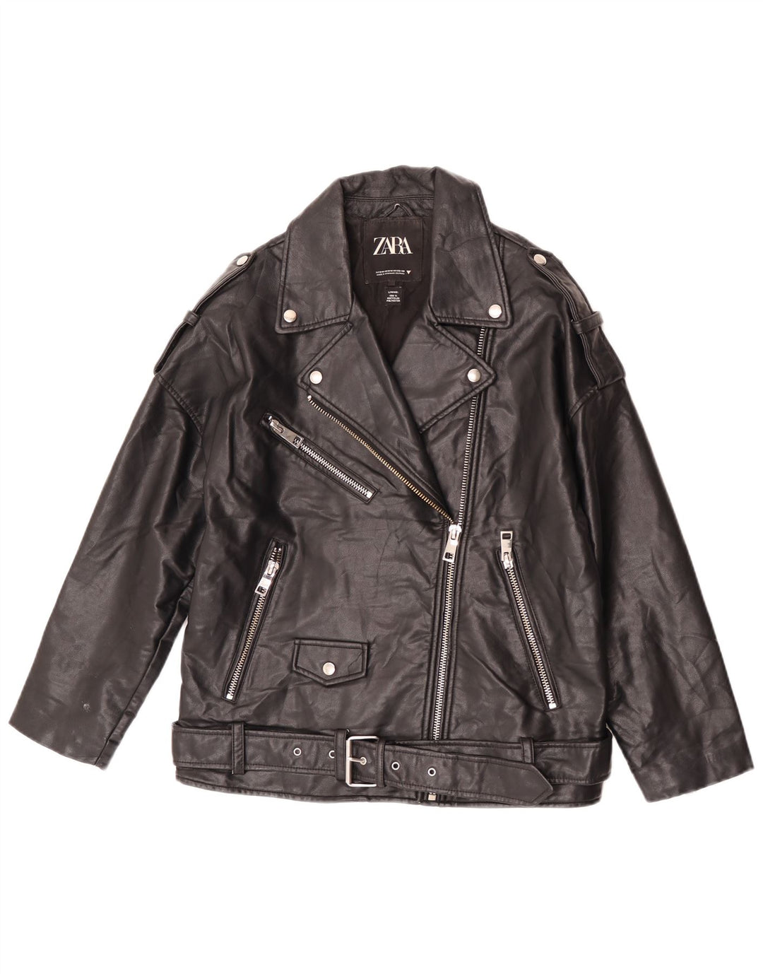Übergroße Damen-Bikerjacke aus Kunstleder von Zara, Gr. 10, Größe S, Schwarz, Polyester