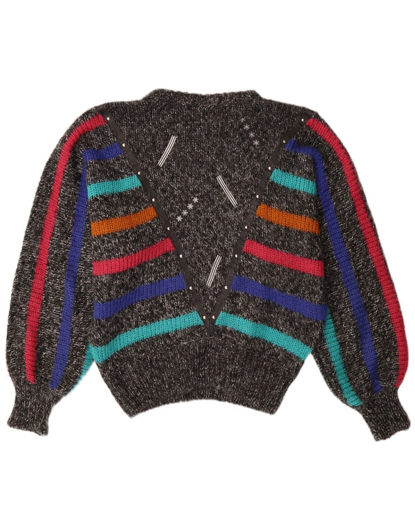 VINTAGE Damen Fledermauspullover mit Rundhalsausschnitt, UK 14, Mittelgrau gestreift