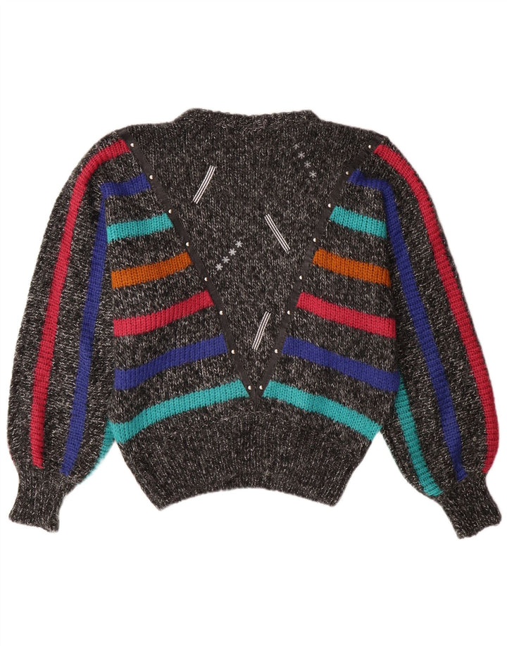 VINTAGE Damen Fledermauspullover mit Rundhalsausschnitt, UK 14, Mittelgrau gestreift