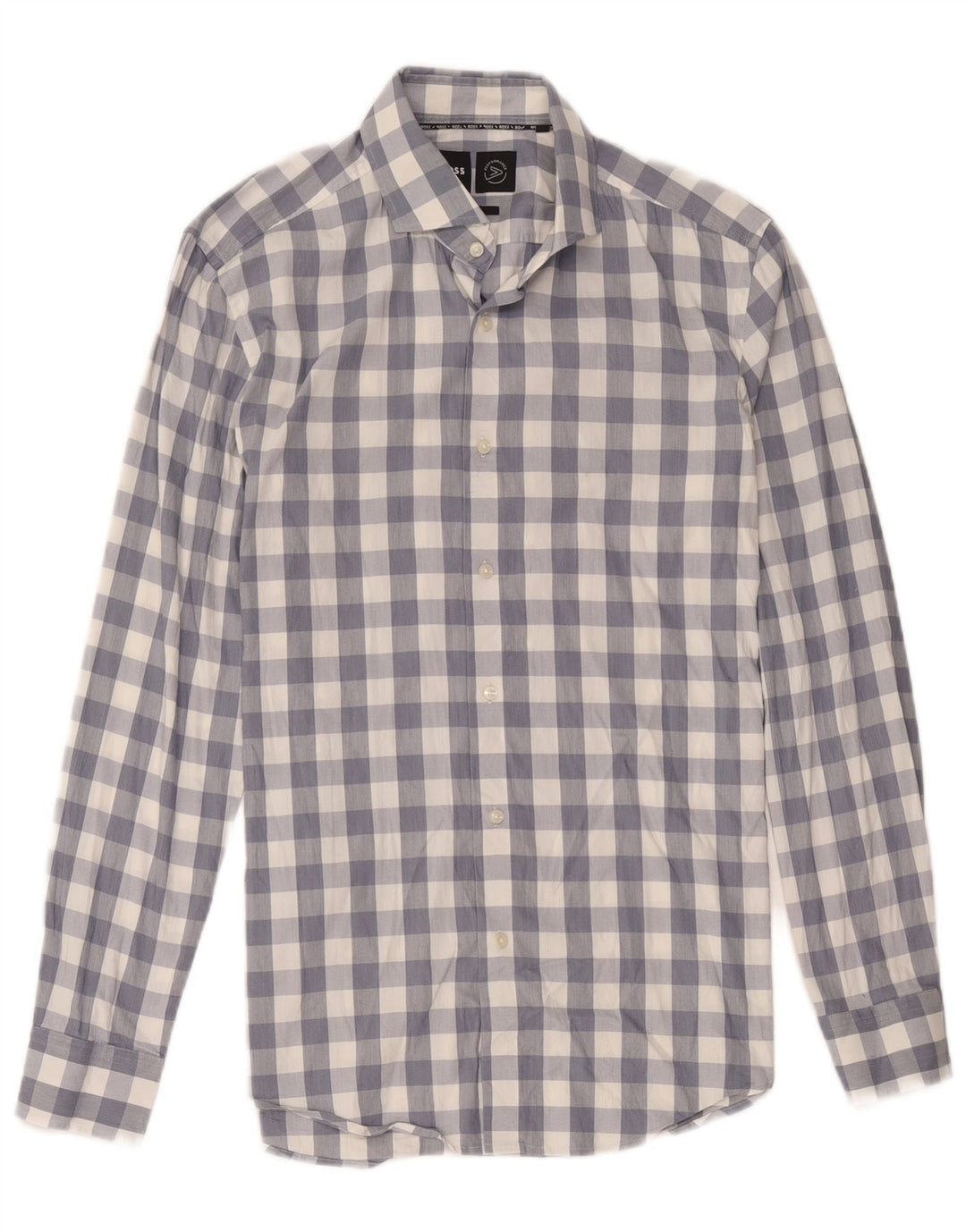 Hugo Boss Herren-Slim-Fit-Hemd, Größe 15 1/2, mittelblau karierte Baumwolle