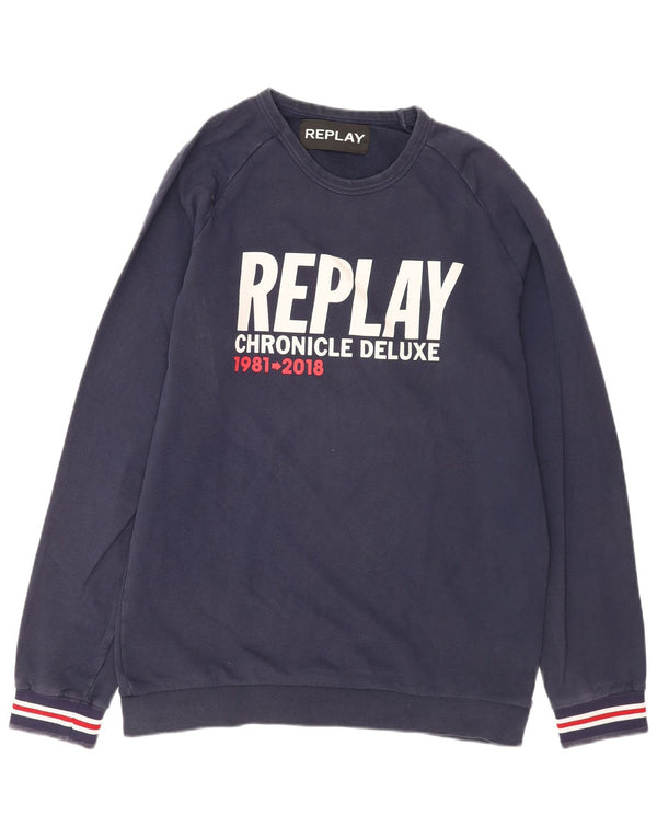Replay Herren Grafik-Sweatshirt-Pullover XL aus marineblauer Baumwolle
