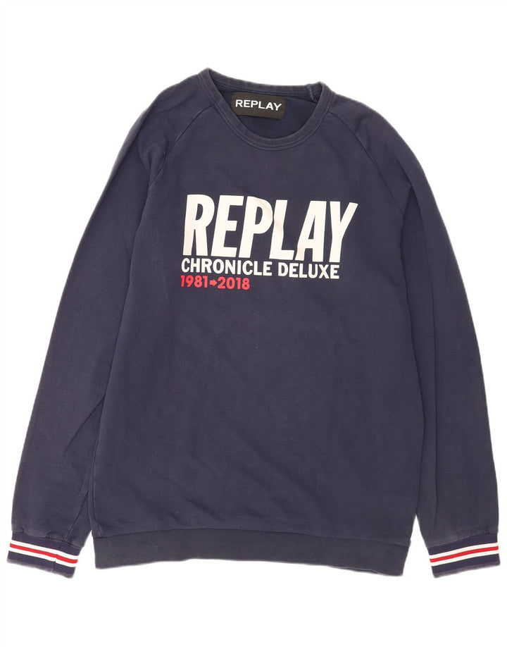 Replay Herren Grafik-Sweatshirt-Pullover XL aus marineblauer Baumwolle