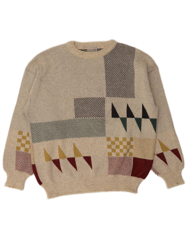 Vintage Herren Pullover mit Rundhalsausschnitt IT 48 Medium Off White Geometrische Wolle